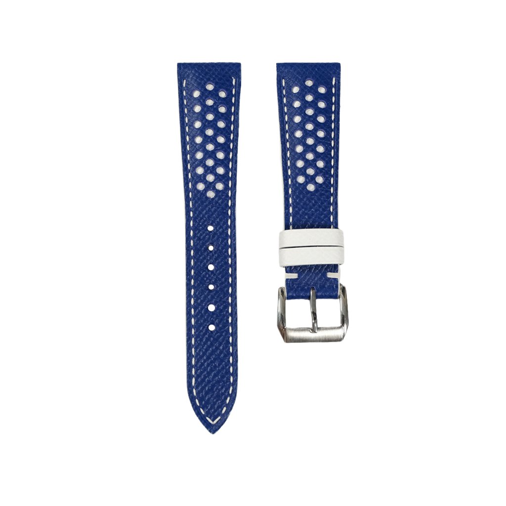 Padded Blue Epsom Leather Rally Watch Strap – White Racing Holes & Stitch