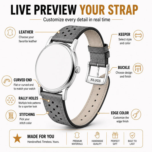 Design Your Own Watch Strap - live preview builder: leather, stitching, edge, keeper, buckle, rally holes