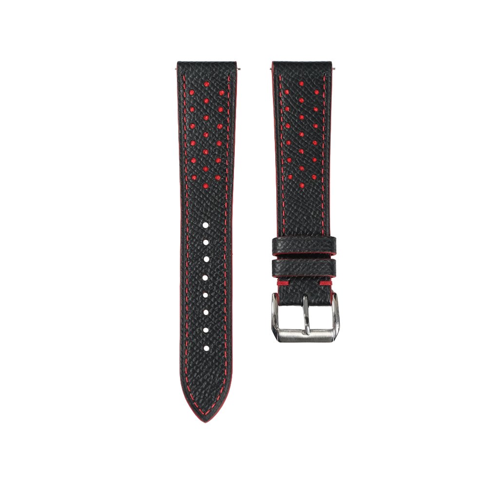 Flat Black Epsom Leather Rally Watch Strap Red Racing Holes & Stitch