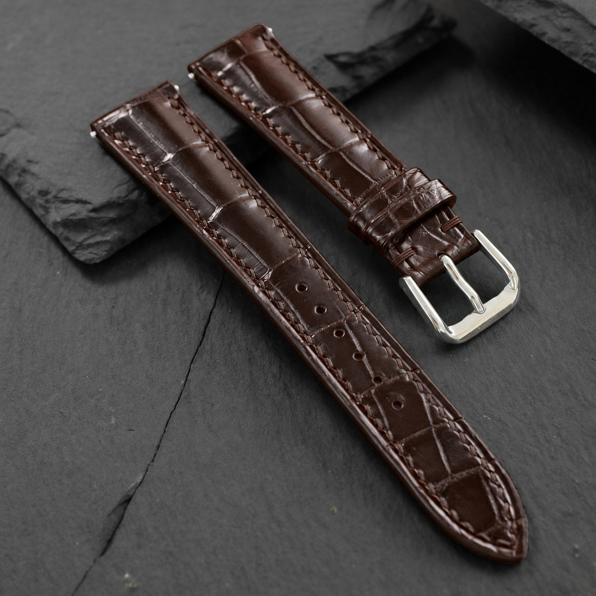 Dark Brown Alligator Leather Watch Strap – White Stitch