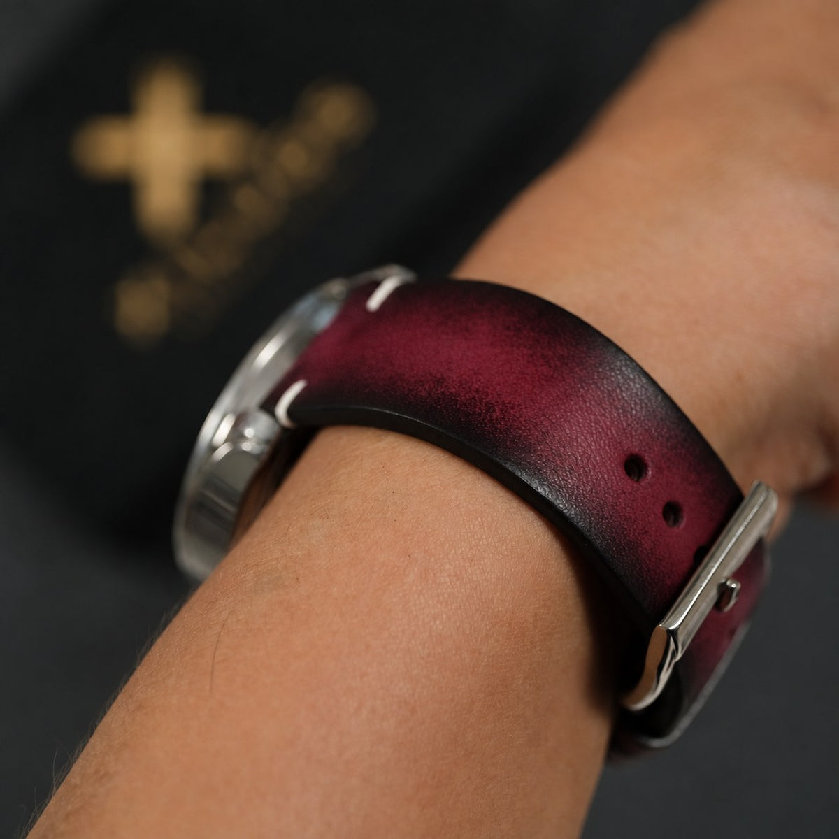 Dark Pink Patina Leather Watch Strap