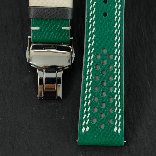 Flat Green Epsom Calfskin Leather Rally Watch Strap – Grey Racing Holes