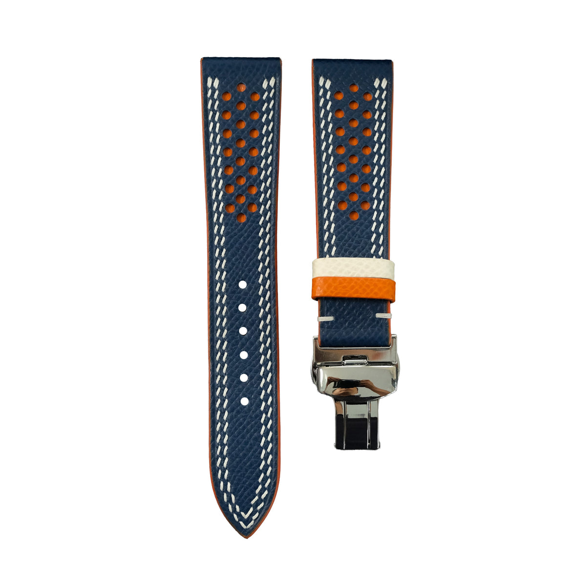 Flat Navy Epsom Calfskin Leather Rally Watch Strap – Orange Racing Holes