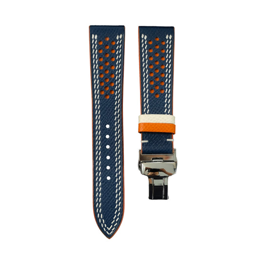 Flat Navy Epsom Calfskin Leather Rally Watch Strap – Orange Racing Holes