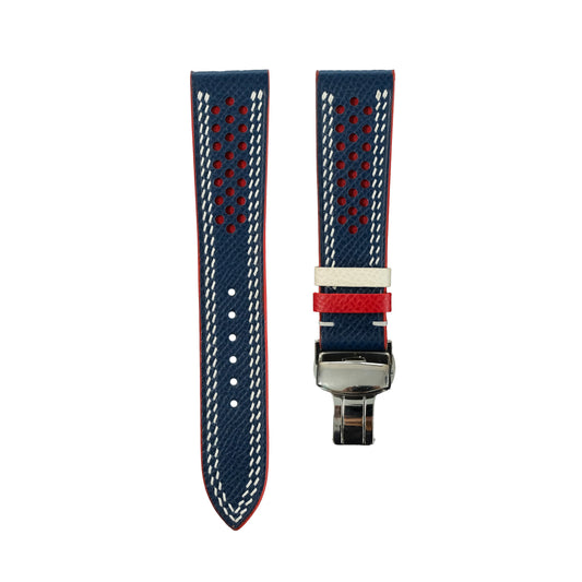 Flat Navy Epsom Calfskin Leather Rally Watch Strap – Red Racing Holes