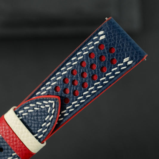 Flat Navy Epsom Calfskin Leather Rally Watch Strap – Red Racing Holes