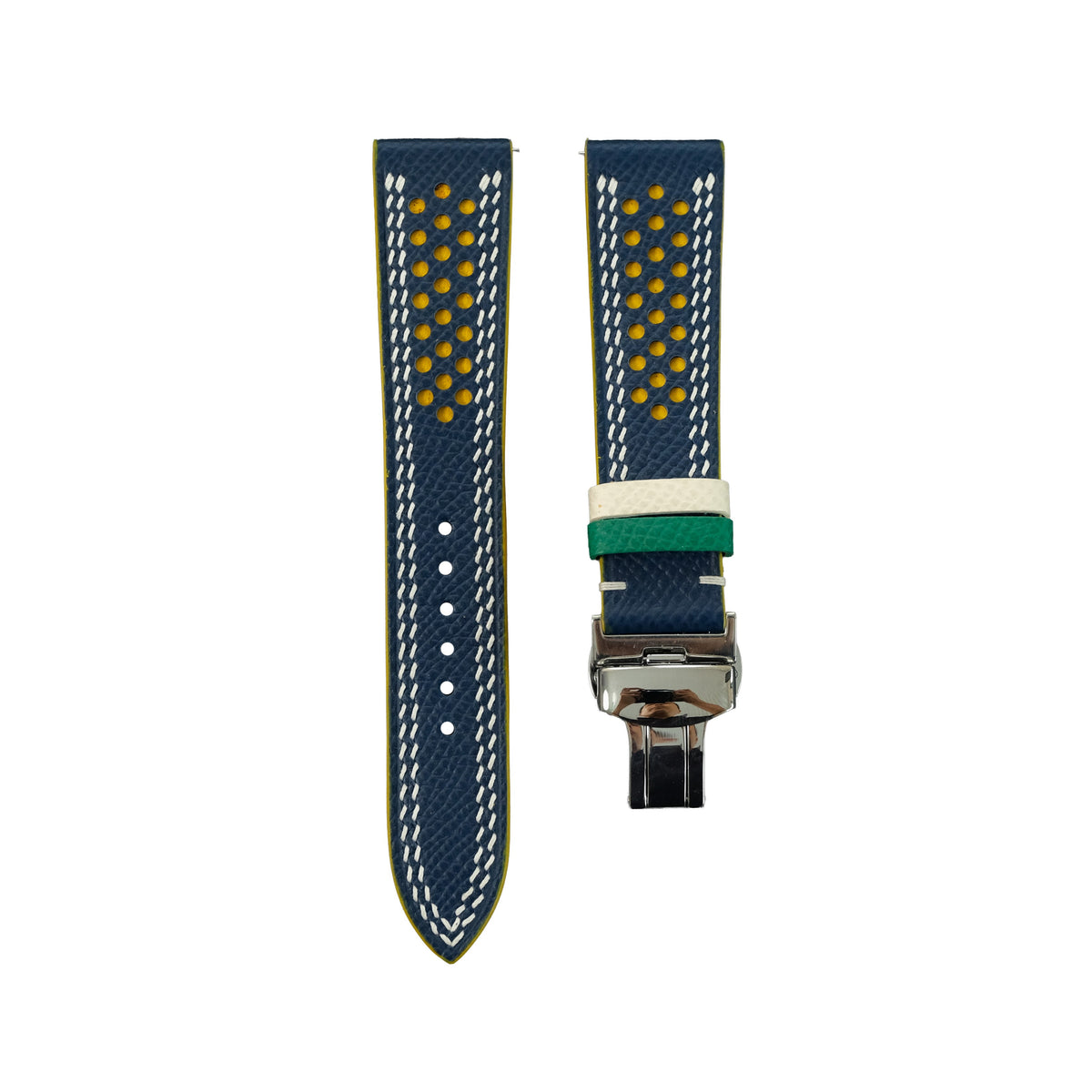 Flat Navy Epsom Calfskin Leather Rally Watch Strap – Yellow Racing Holes