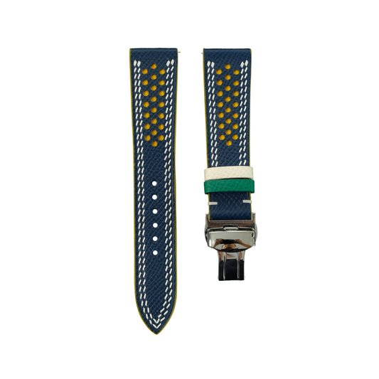 Flat Navy Epsom Calfskin Leather Rally Watch Strap – Yellow Racing Holes