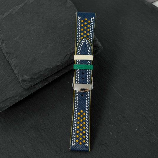 Flat Navy Epsom Calfskin Leather Rally Watch Strap – Yellow Racing Holes