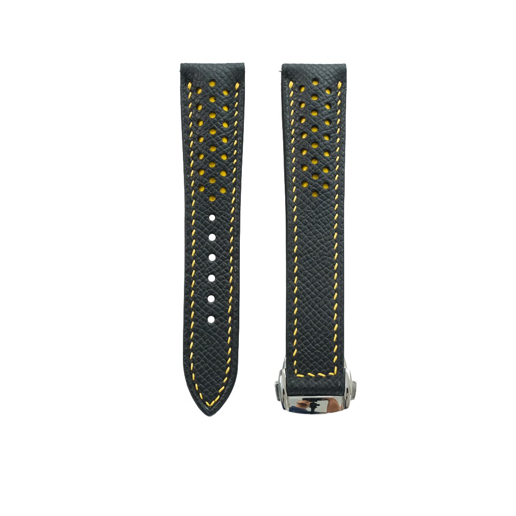 Padded Black Epsom Leather Rally Watch Strap - Yellow Racing Holes & Stitch