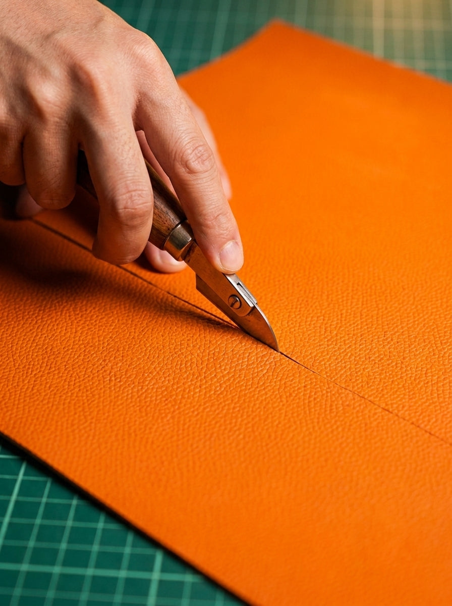 Cutting leather for a watch strap by hand with a Japanese knife