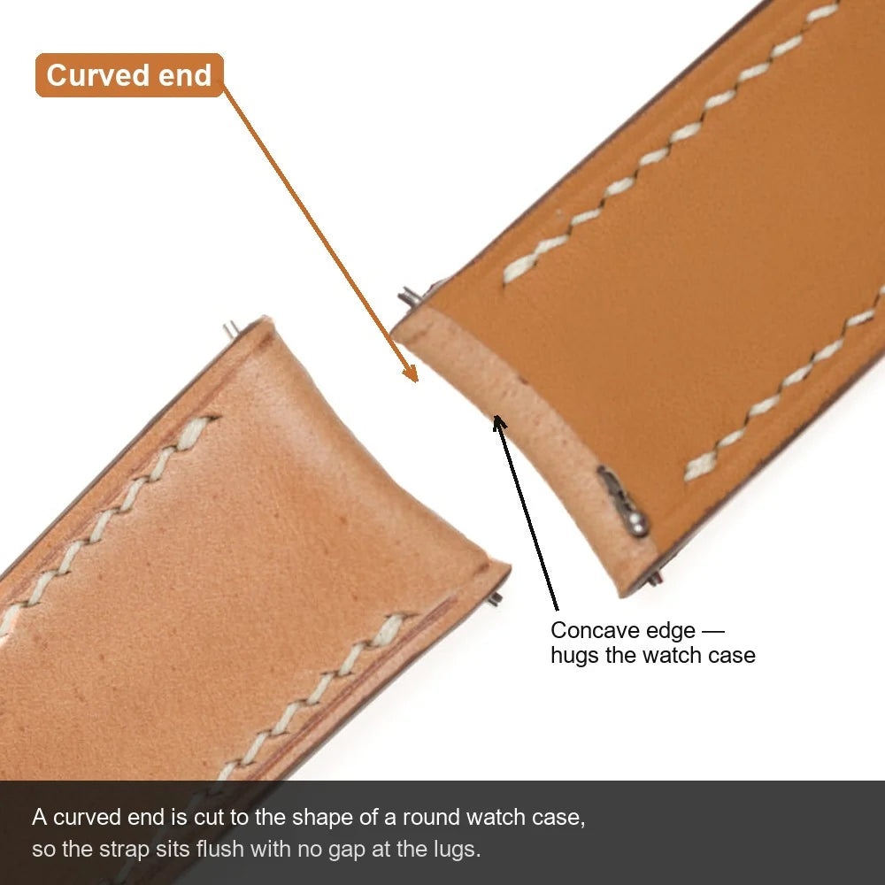A curved end is cut to hug a rounded watch case so the strap sits flush at the lugs; a straight end is squared off.